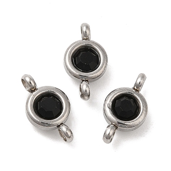 304 Stainless Steel Single Rhinestone Connector Charms, Flat Round Links, Stainless Steel Color, Jet, 12x6.5x4mm, Hole: 2mm