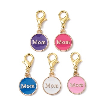 Flat Round with Word Mom Alloy Enamel Pendant Decorations, with Alloy Lobster Claw Clasps, Golden, 27mm, 5pcs/set