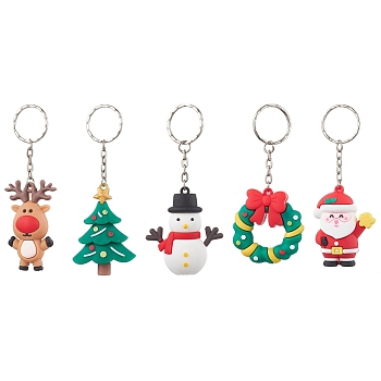 Christmas Theme PVC Plastic Keychains, with Iron Split Key Rings, Mixed Shapes, 9.5~11.2cm, about 5Pcs/Set