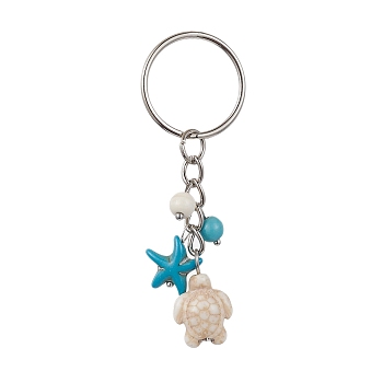 Turtle & Starfish Synthetic Turquoise Pendant Keychains, with Iron Ring, Floral White, 7.3cm