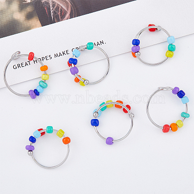 10Pcs 2 Style Rainbow Color Glass Beaded Rotating Open Cuff Rings Set(RJEW-DC0001-15)-3