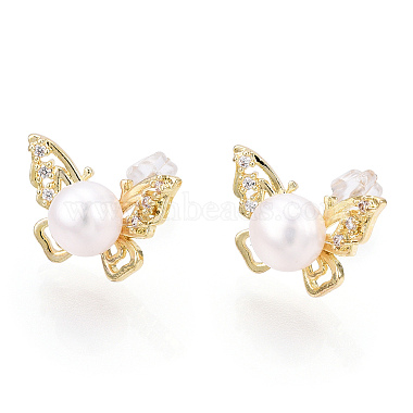 Brass Rhinestone Butterfly & Natural Pearl Stud Earrings(PEAR-N020-06G)-3