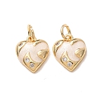 Valentine's Day Brass Micro Pave Clear Cubic Zirconia with Enamel Charms, Heart Charms, Rack Plating, Long-Lasting Plated, Cadmium Free & Lead Free, Real 18K Gold Plated, Floral White, 12x10x3mm, Hole: 3mm(CU-K002-48G-A)