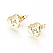 Brass Micro Pave Cubic Zirconia Stud Earrings, with Ear Nuts, Long-Lasting Plated, Heart with Initial Letter, Golden, Clear, Letter.H, 8x9x2mm, Pin: 0.7mm(EJEW-I234-01G-H)