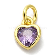 925 Sterling Silver Birthstone Charms, with Single Cubic Zirconia, Heart, Golden, with Jump Ring, Purple, 6x5x2mm, Hole: 2.5mm(STER-M0120-02G-G)