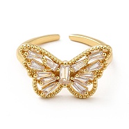 Brass Cubic Zirconia Cuff Ring, Open Ring for Women, Butterfly, Real 18K Gold Plated, US Size 7 1/4(17.5mm)(KK-H433-04G)