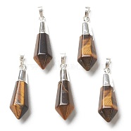 Natural Tiger Eye Pendants, with Silver Brass Findings, Faceted, Bullet, 40x12x11mm, Hole: 7x5mm(G-P445-E09)