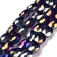 Faceted Electroplated Glass Beads Strands, AB Color Plated, Opaque Solid Color, Oval, Midnight Blue, 10.5x8x5mm, Hole: 1.5mm, about 58~60pcs/strand, 25.59 inch(65cm)(GLAA-G092-C04)