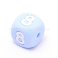 Silicone Beads, for Bracelet or Necklace Making, Arabic Numerals Style, Light Sky Blue Cube, Num.8, 10x10x10mm, Hole: 2mm(SIL-TAC001-02C-8)