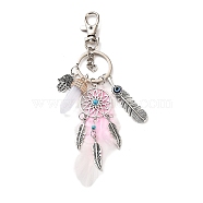 Alloy & Glass Pendant Keychain, with Iron Key Ring, Feather Tassel, Woven Net/Web with Feather & Bullet & Hamsa Hand, Pink, 10cm(FEAT-PW0001-096C)