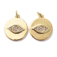 Brass Micro Pave Clear Cubic Zirconia Pendants, with Jump Rings, Flat Round with Evil Eye, Golden, 17x15x2mm, Hole: 3mm(X-KK-I658-09G)
