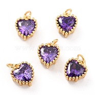 Real 18K Gold Plated Brass Inlaid Cubic Zirconia Charms, with Jump Ring, Long-Lasting Plated, Heart, Purple, 8.5x7x4mm, Jump Ring: 4x0.5mm, 2.5mm Inner Diameter(ZIRC-L100-074G-03)