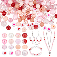 Elite 480Pcs 16 Style Transparent & Opaque & Spray Painted Acrylic Beads, Flat Round with Heart & Round, Mixed Color, 6.5~10x7~10x3.5~9mm, Hole: 1~2.3mm, 30pcs/style(OACR-PH0001-93)