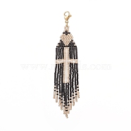 Cross Pattern Glass Seed Beaded Tassel Pendant Decorations, with 304 Stainless Steel Lobster Claw Clasps, Black, 96mm(HJEW-MZ00003)