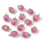 Handmade Epoxy Resin Flower Pendants, with Brass Peg Bails and Glass Micro Beads, Bud, Golden, Hot Pink, 14~15x9~10x9~10mm, Hole: 1.2mm(X-KY-S163-103C)