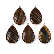Natural Tiger Eye Pendants, with Light Gold Plated Brass Findings, Teardrop, 50~51x31~31.5x10mm, Hole: 2mm(G-N326-108A)