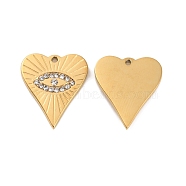 Ion Plating(IP) 304 Stainless Steel Pendants, with Rhinestone, Real 18K Gold Plated, Heart with Eye Charm, Crystal, 17.5x15x2mm, Hole: 1.2mm(STAS-D051-03G-02)