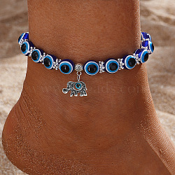 Resin Evil Eye Alloy Charm Anklets, Elephant, Inner Diameter: 2-3/8 inch(60mm)(WG9874B-02)