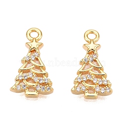 Christmas Theme Brass Micro Pave Clear Cubic Zirconia Pendants, Christmas Tree, Real 18K Gold Plated, 16.5x10.5x4.5mm, Hole: 1mm(KK-T073-19G)