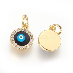 Brass Micro Pave Cubic Zirconia Charms, with Enamel and Jump Ring, Evil Eye, Golden, 11x9x3mm, Hole: 3mm(X-ZIRC-G150-13G)