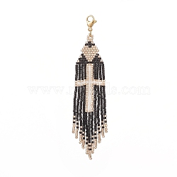 Glass Seed Beaded Pendant Decorations, with 304 Stainless Steel Lobster Claw Clasps, Black, 96mm(HJEW-MZ00003)