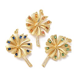 Rack Plating Brass Micro Pave Cubic Zirconia Pendants, with Jump Ring, Long-Lasting Plated, Lead Free & Cadmium Free, Leaf, Golden, Mixed Color, 35x23x4mm, Hole: 3mm(KK-U022-03G)