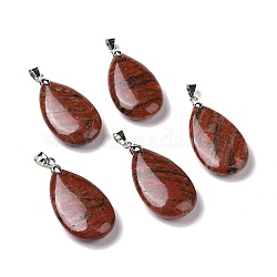 Natural Sesame Jasper Pendants, Teardrop Charm, with Platinum Tone Brass Findings, 35~36x20~21x7.5~10mm, Hole: 4x6mm(G-D084-01P-B21)