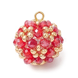 Electroplate Glass & Round Rocailles & Glass Pearl Beaded Pendants, Round, Red, 23.5x21mm, Hole: 2mm(PALLOY-MZ00879-01)