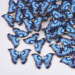 Printed Alloy Pendants, with Enamel, Butterfly, Light Gold, Royal Blue, 15.5x22x2mm, Hole: 1.8mm(X-PALLOY-R111-01A)