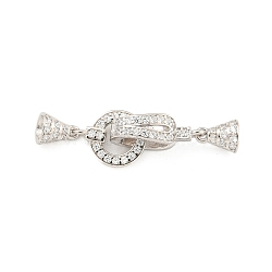 925 Sterling Silver Micro Pave Clear Cubic Zirconia Fold Over Clasps, Ring & Teardrop, Real Platinum Plated, 28mm, Hole: 3mm(STER-U001-19P)