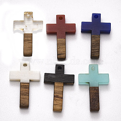 Resin & Walnut Wood Pendants, Cross, Mixed Color, 26x16x3mm, Hole: 1.8mm(RESI-N025-012A)