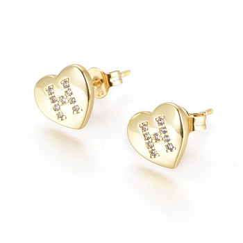 Brass Micro Pave Cubic Zirconia Stud Earrings, with Ear Nuts, Long-Lasting Plated, Heart with Initial Letter, Golden, Clear, Letter.H, 8x9x2mm, Pin: 0.7mm