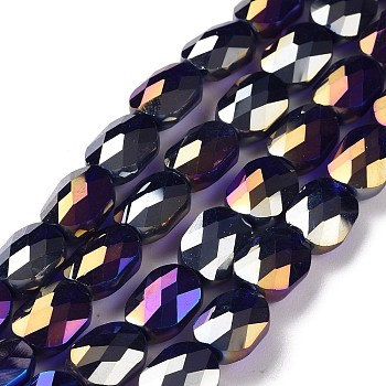 Faceted Electroplated Glass Beads Strands, AB Color Plated, Opaque Solid Color, Oval, Midnight Blue, 10.5x8x5mm, Hole: 1.5mm, about 58~60pcs/strand, 25.59 inch(65cm)