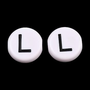 Opaque White Acrylic European Beads, Flat Round Large Hole Beads with Enamel, Letter L, 25x10mm, Hole: 6mm, about 95pcs/500g