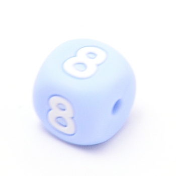 Silicone Beads, for Bracelet or Necklace Making, Arabic Numerals Style, Light Sky Blue Cube, Num.8, 10x10x10mm, Hole: 2mm