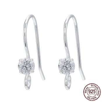 925 Sterling Silver Earring Hooks, with Rhinestone, Silver, 13x16mm, Hole: 1.5mm, 24 Gauge, Pin: 0.5mm