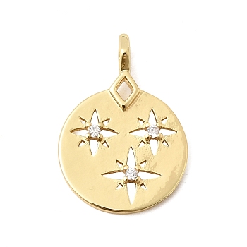 Brass Micro Pave Clear Cubic Zirconia Pendants, Flat Round Charms, Long-Lasting Plated, Rack Plating, Lead Free & Cadmium Free, Real 18K Gold Plated, 26x18x4.5mm, Hole: 2x3mm