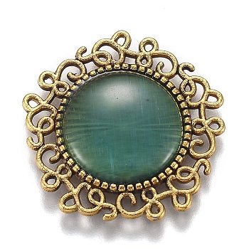 Hollow Retro Plastic Imitation Cat Eye Cabochons, with Antique Gold Plated Alloy Findings, Flower, Turquoise, 23.5x24x4mm
