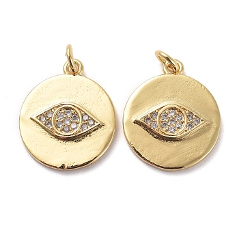 Brass Micro Pave Clear Cubic Zirconia Pendants, with Jump Rings, Flat Round with Evil Eye, Golden, 17x15x2mm, Hole: 3mm