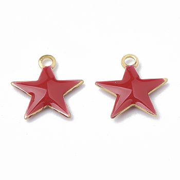 Brass Charms, Enamelled Sequins, Raw(Unplated), Star, Red, 10.5x10x1.5mm, Hole: 1mm