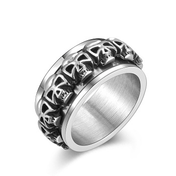 Stainless Steel Skull Rotatable Finger Ring, Spinner Fidget Band Anxiety Stress Relief Punk Ring for Men Women, Antique Silver, US Size 11(20.6mm)