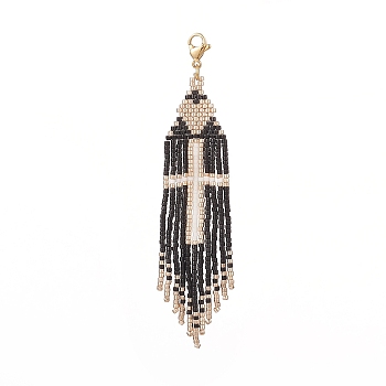 Cross Pattern Glass Seed Beaded Tassel Pendant Decorations, with 304 Stainless Steel Lobster Claw Clasps, Black, 96mm