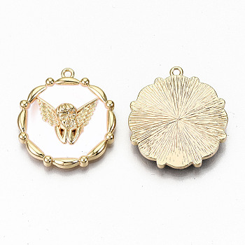 Brass Enamel Pendants, Nickel Free, Real 18K Gold Plated, Flower with Angel, White, 27.5x25x4.5mm, Hole: 1.5mm