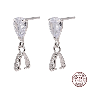 Rhodium Plated 925 Sterling Siler Dangle Stud Earing Settings, with Cubic Zirconia, Platinum, 17mm, Pin: 0.3mm and 0.6mm, 4mm inner diameter