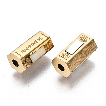 304 Stainless Steel Beads, with Shell, Hexagonal Prism with Word Happiness, Real 14K Gold Plated, 11.5x6.5x6mm, Hole: 2mm
