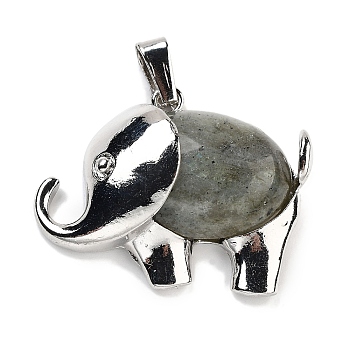 Natural Labradorite Pendants, Elephant Charms with Alloy Findings, Platinum, 29x37~37.5x9.5~10mm, Hole: 3x9mm