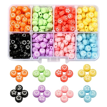 440Pcs 8 Colors Opaque Acrylic Beads, Flat Round with White Heart & Flower & Moon & Star Pattern, Mixed Color, 7x4mm, Hole: 1.6mm, 7.5g, about 55pcs/color