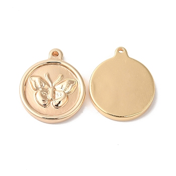 Brass Pendants, Flat Round with Butterfly Charm, Real 18K Gold Plated, 18x15.5x2.5mm, Hole: 1.2mm