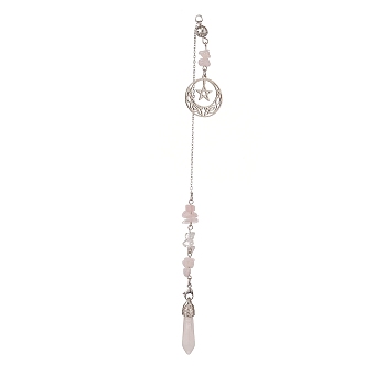 Natural Rose Quartz Pointed Dowsing Pendulums, with Stainless Steel Star & Moon, Bullet, 274mm