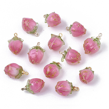 Handmade Epoxy Resin Flower Pendants, with Brass Peg Bails and Glass Micro Beads, Bud, Golden, Hot Pink, 14~15x9~10x9~10mm, Hole: 1.2mm